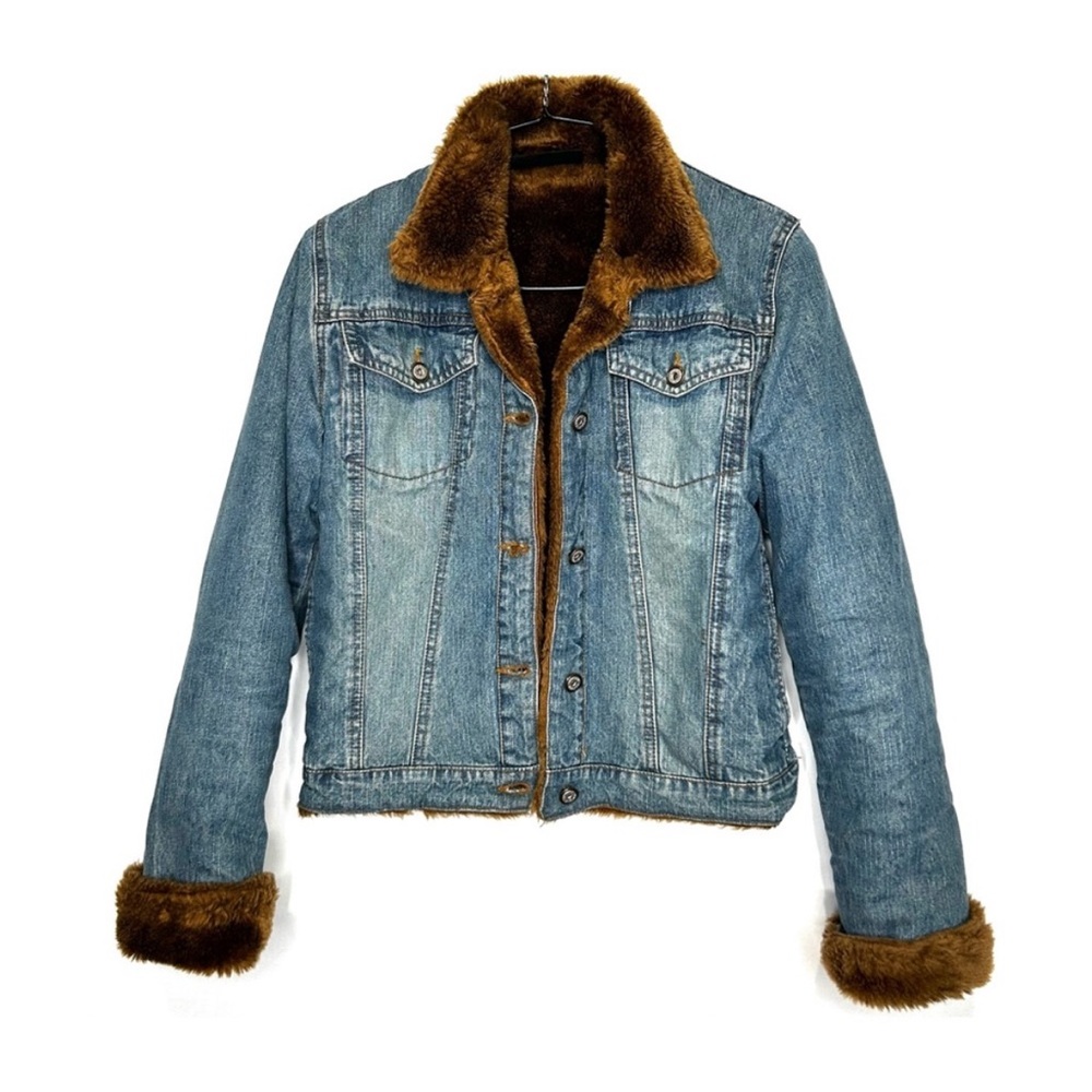 Vintage Y2K Denim Jacket Brown Faux Fur Lining Trim Medium Blue Distressed S